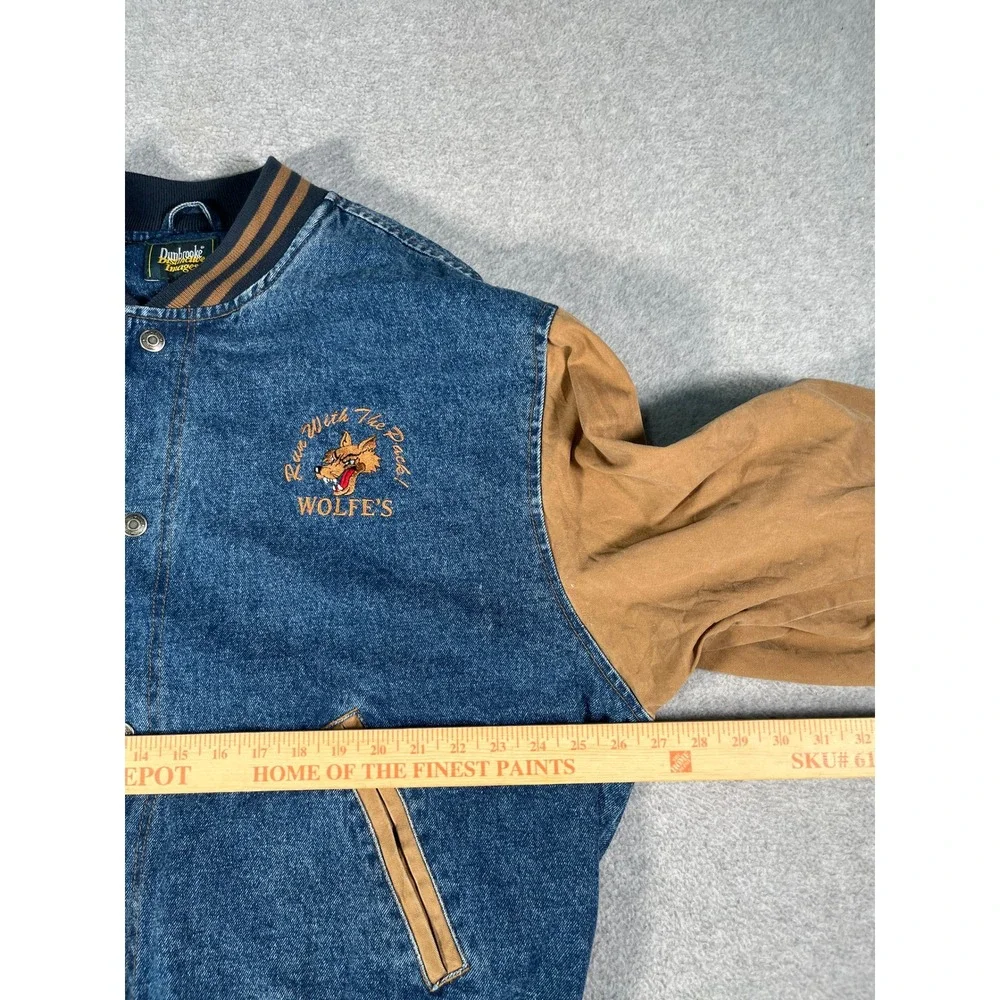 Dunbrooke Varsity Jacket Mens XL Blue Denim Tan Canvas Good Wolfe's Embroidered